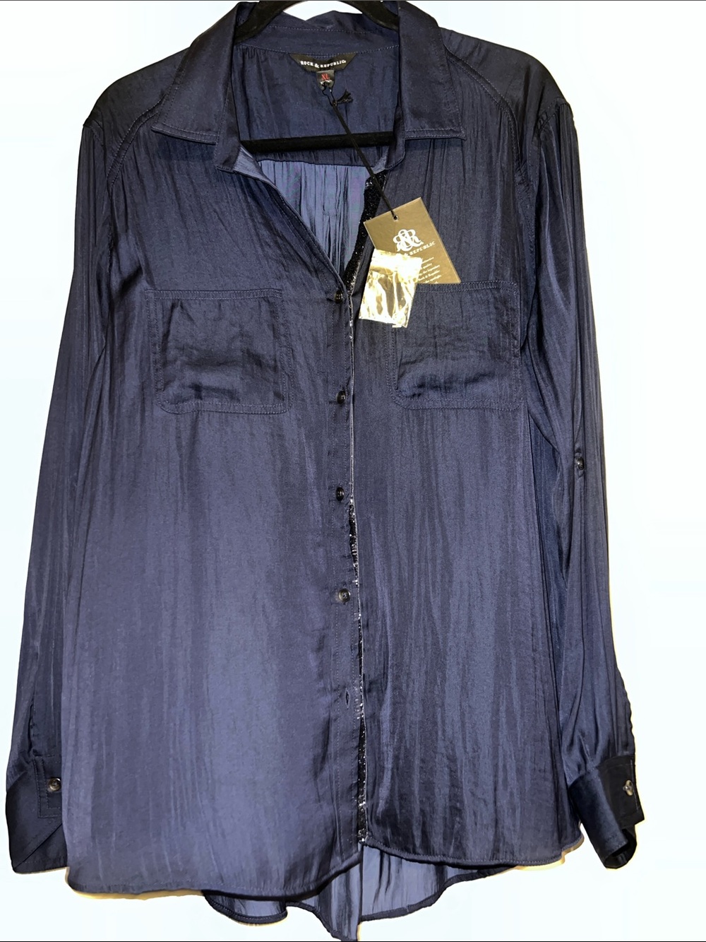 NWT- Rock & Republic Navy Satin Blouse Size XL